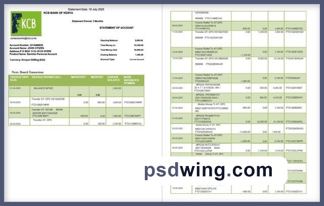Kenya KCB Bank Statement of Account (2 Pages, Word)
